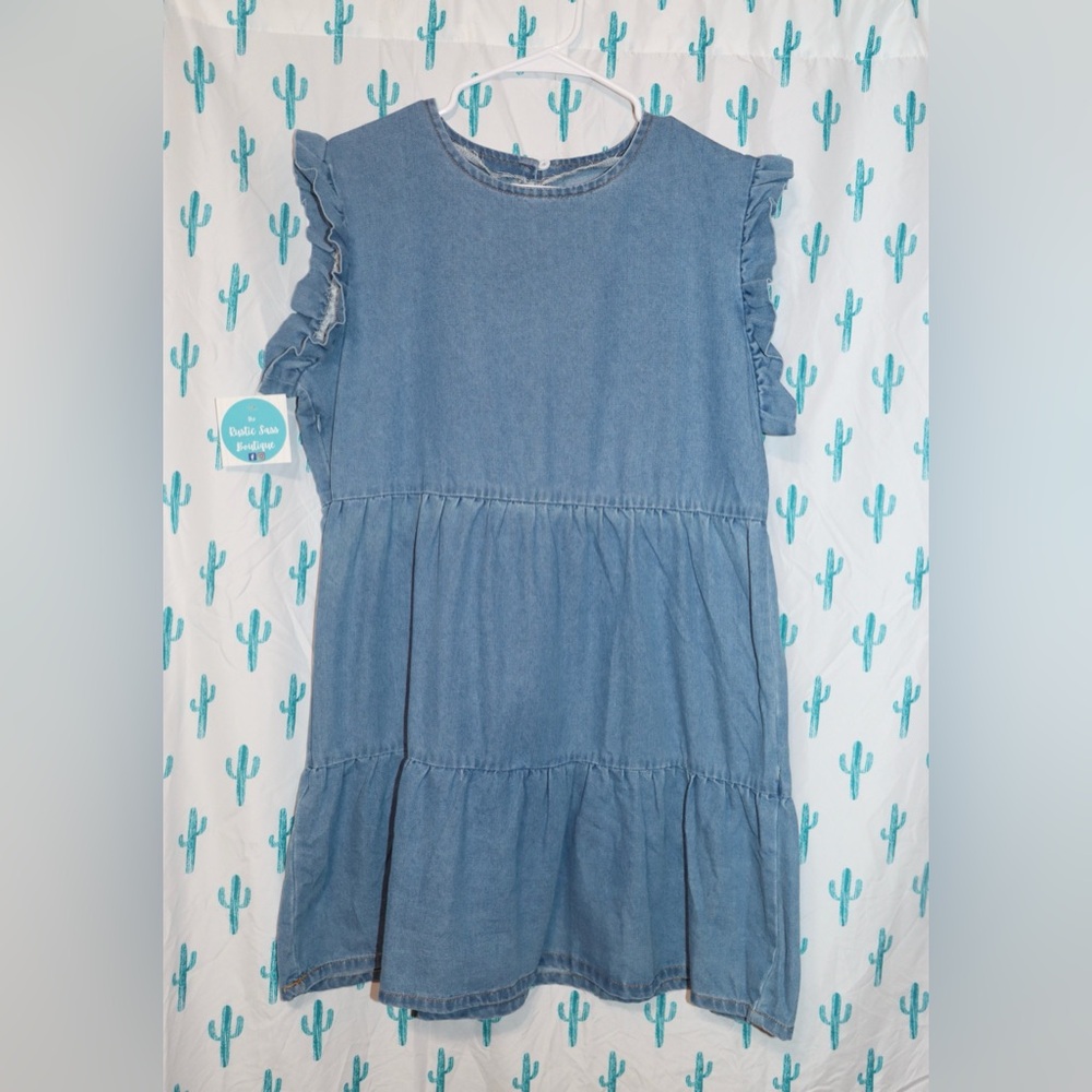 Denim ruffle capped sleeve mini dress